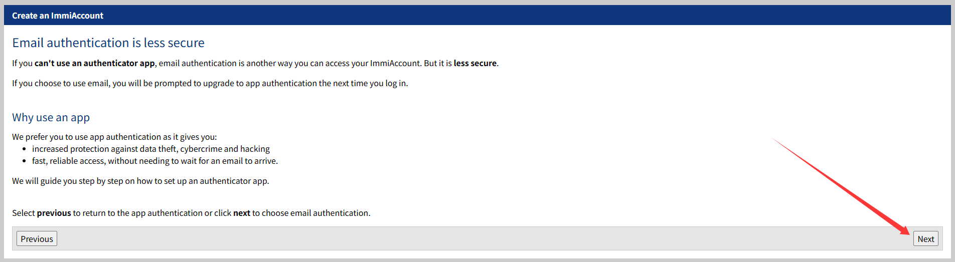 选择 ImmiAccount 邮箱验证方式