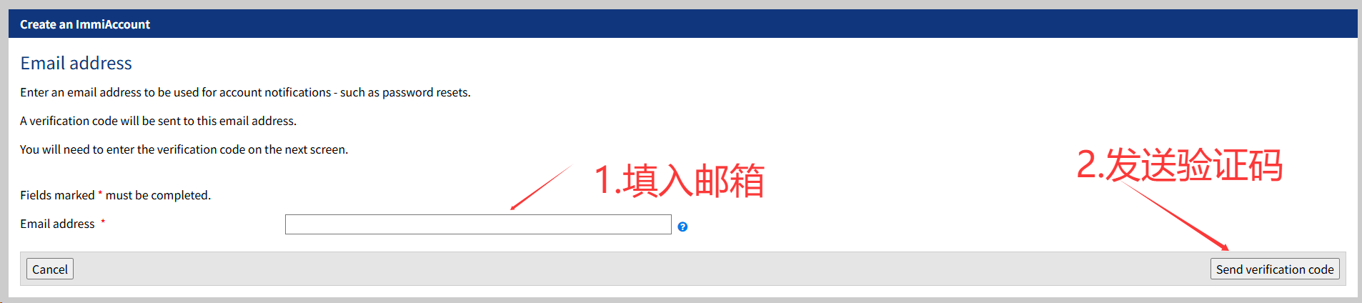 输入邮箱并发送 ImmiAccount 验证码