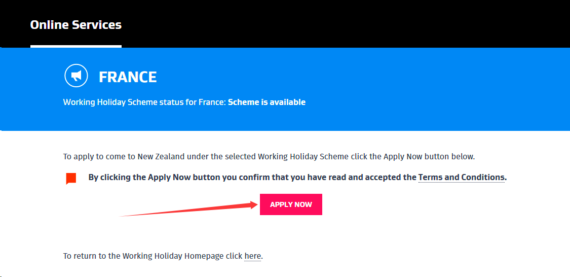 Working Holiday Scheme 页面点击 Apply Now