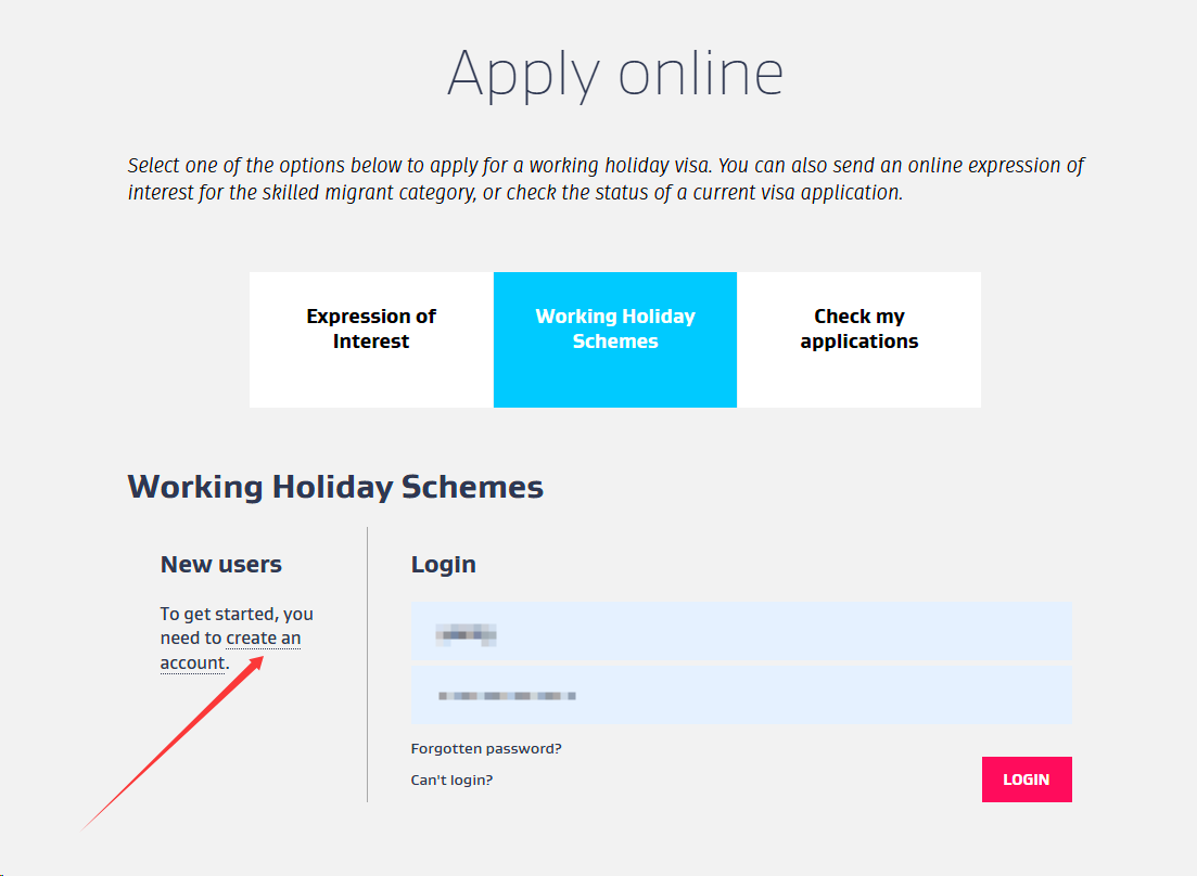 Working Holiday 页面点击 create an account