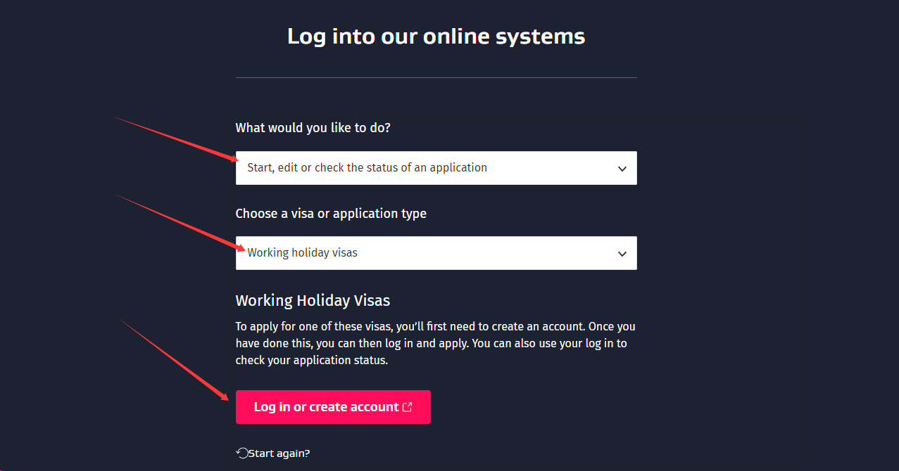 选择 Working holiday visas 并点击登录或创建账号